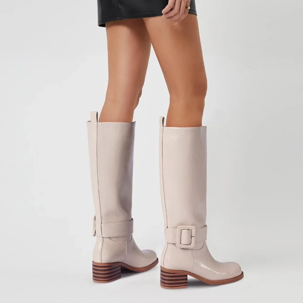 Women's B-beige Chunky Low Heel Pull On Riding Comfortable Knee High Boots